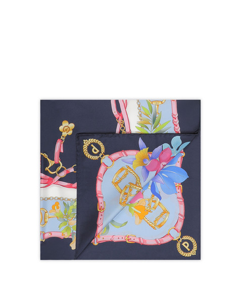 Silk Foulard With Flower Print And Brackets Blue