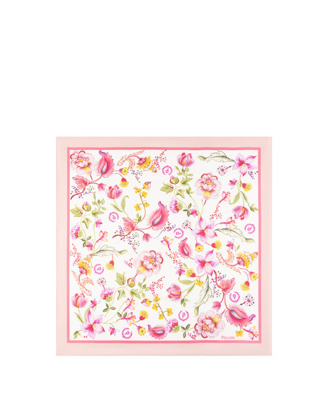 Foulard In Seta Con Stampa Floreale Su Fondo Bianco Rosa