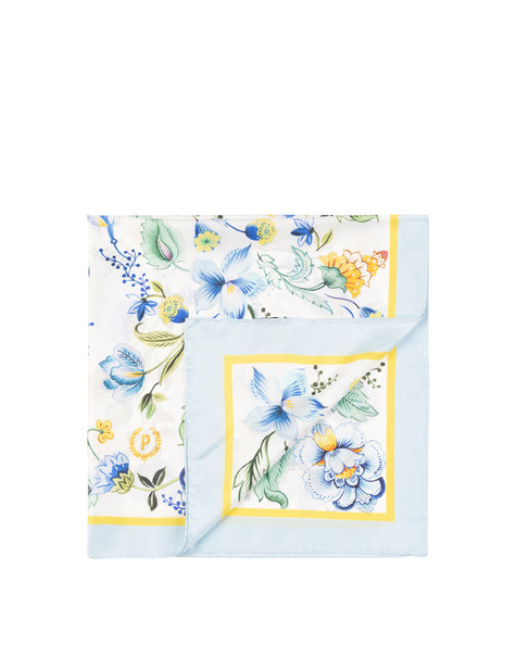 Foulard In Seta Con Stampa Floreale Su Fondo Bianco Azzurro