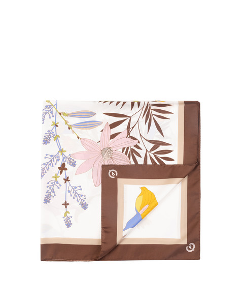 Foulard In Seta Con Stampa Di Rami Di Fiori Marrone