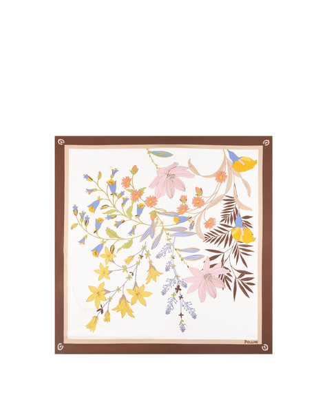 Foulard In Seta Con Stampa Di Rami Di Fiori Marrone